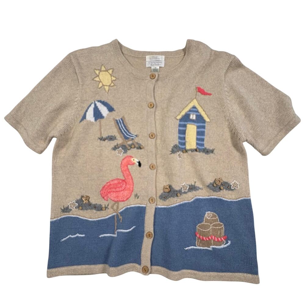 Christopher & Banks Vintage Hand Embroidered Cardigan Women's M Beach Motif